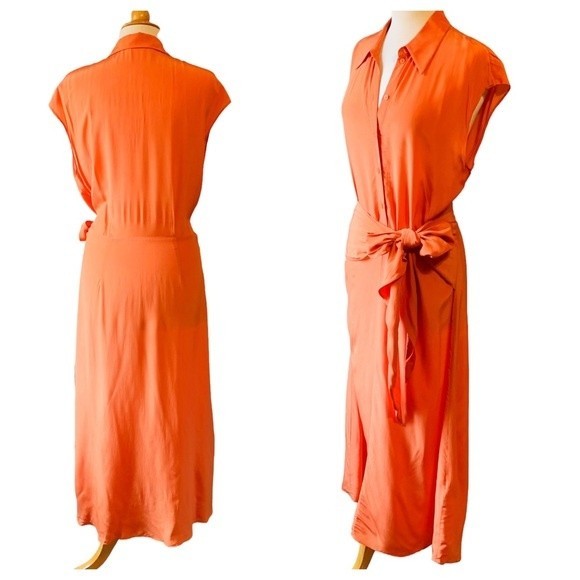 & Other Stories Salmon Orange Waist Knot Midi Dress in Viscose - Size Medium - Picture 9 of 9
